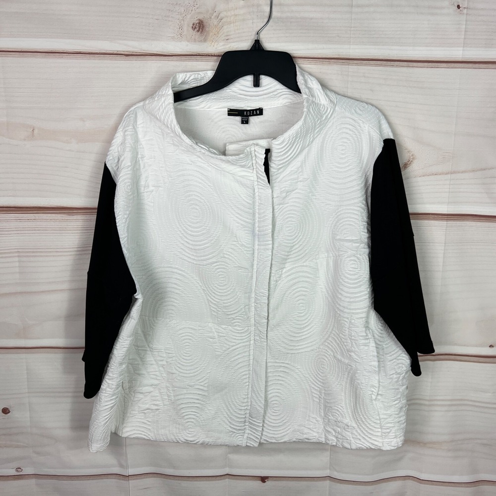 Kozan Jacket  Womens L White Black Texture Knit‎ Full Zip 3/4 Sleeve High Neck